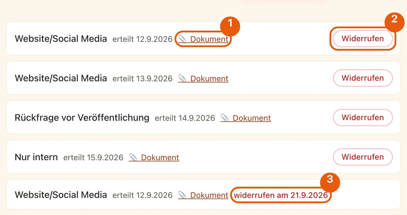 Liste der Einwilligungen mit Dokument, Widerrufen-Knopf und einem dokumentierten Widerruf